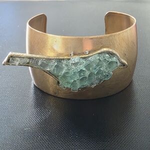 Artisan Bird Repurposed Shattered Car Glass Brass Cuff Bracelet Rare FLAW